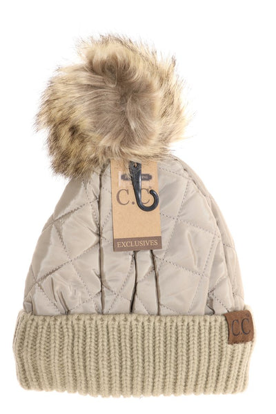 C.C. Quilted Puffer Pom Beanies (Adult/One Size)